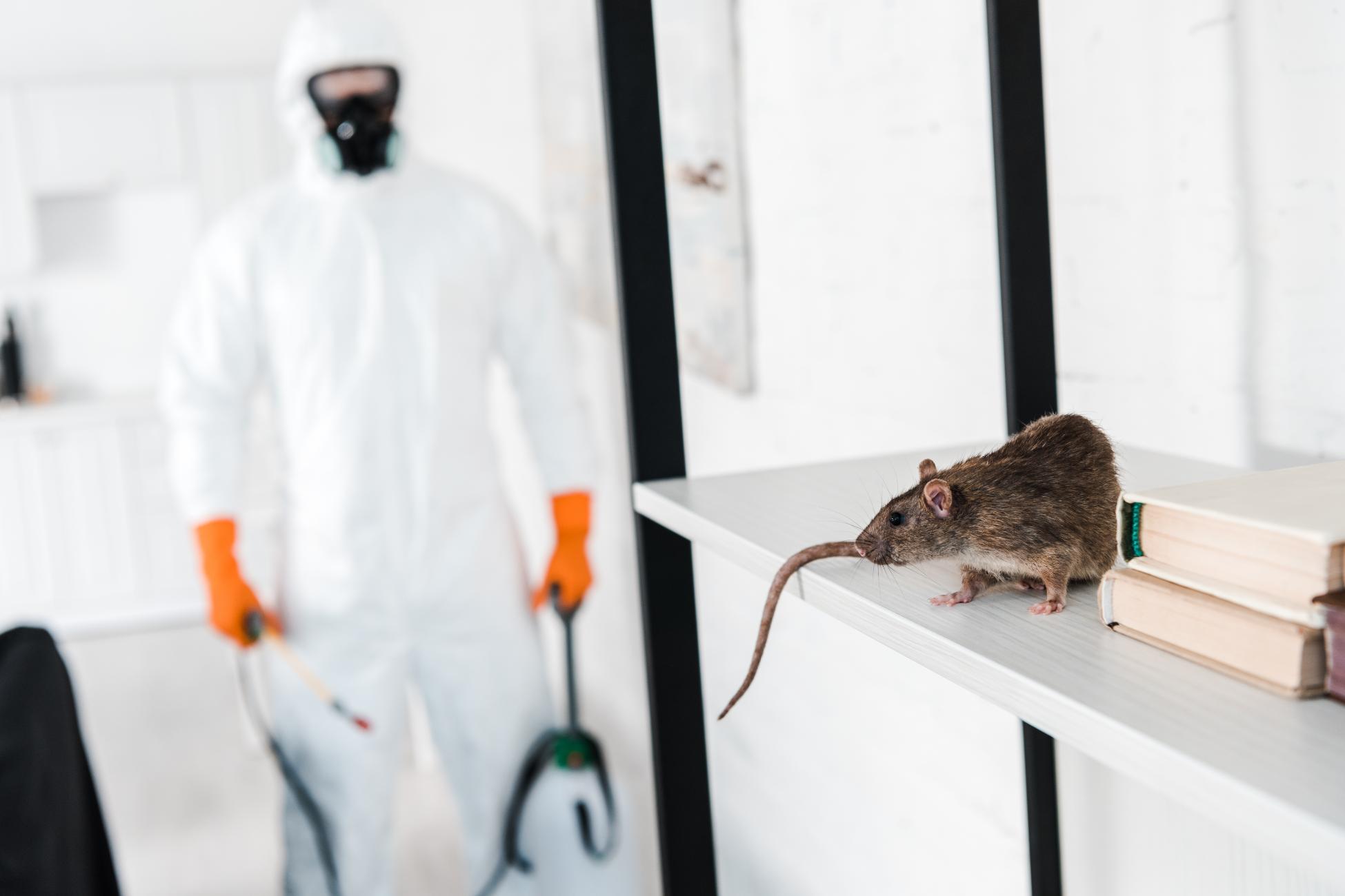 Rat on shelf with pest control exterminator in background โ rodent control in West Palm Beach