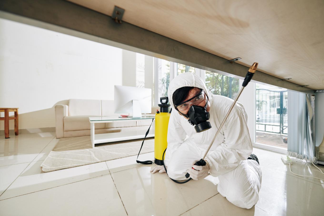 Pest control technician treating hard-to-reach areas under furniture